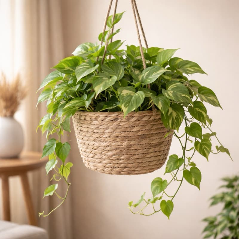 Cesta de palha suspensa com planta verde pendente, ideal para decoração de sala, varanda e jardim.