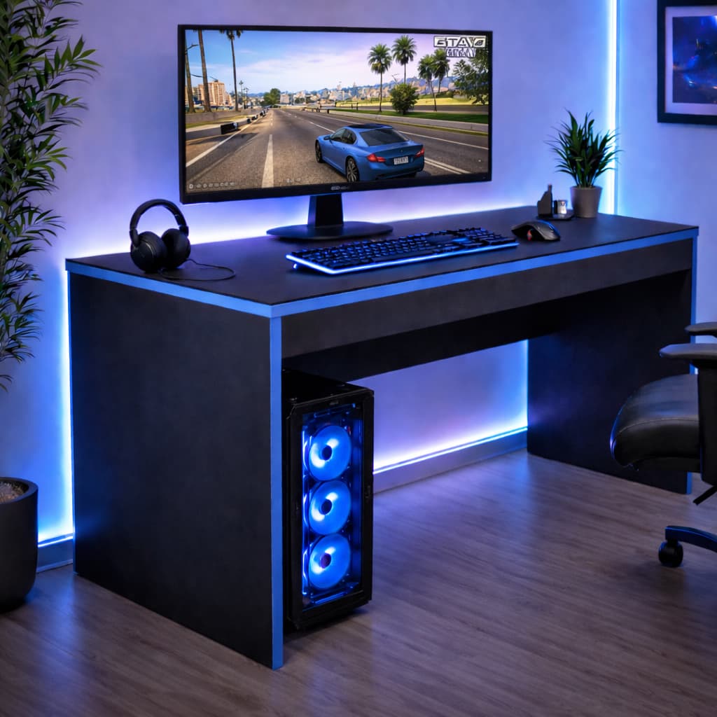 Escrivaninha gamer azul com iluminação LED, teclado, monitor e gabinete de computador com luzes azuis