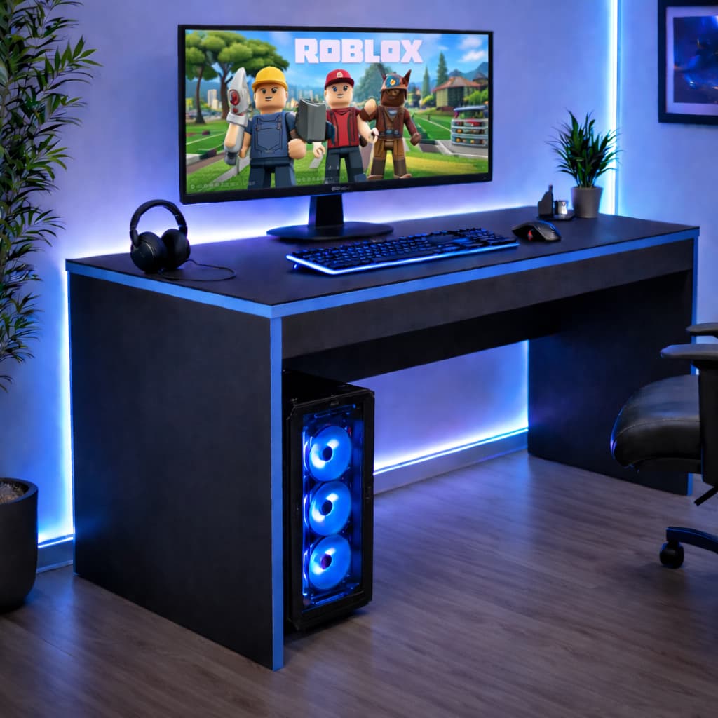 Escrivaninha gamer azul com monitor, teclado, mouse e fone de ouvido