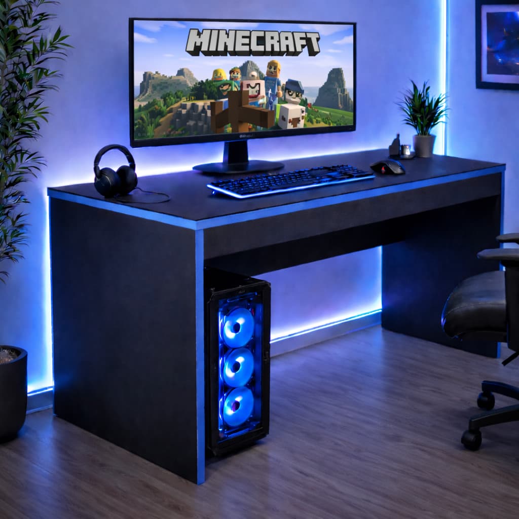 Escrivaninha gamer azul com monitor, teclado, mouse e iluminação LED azul
