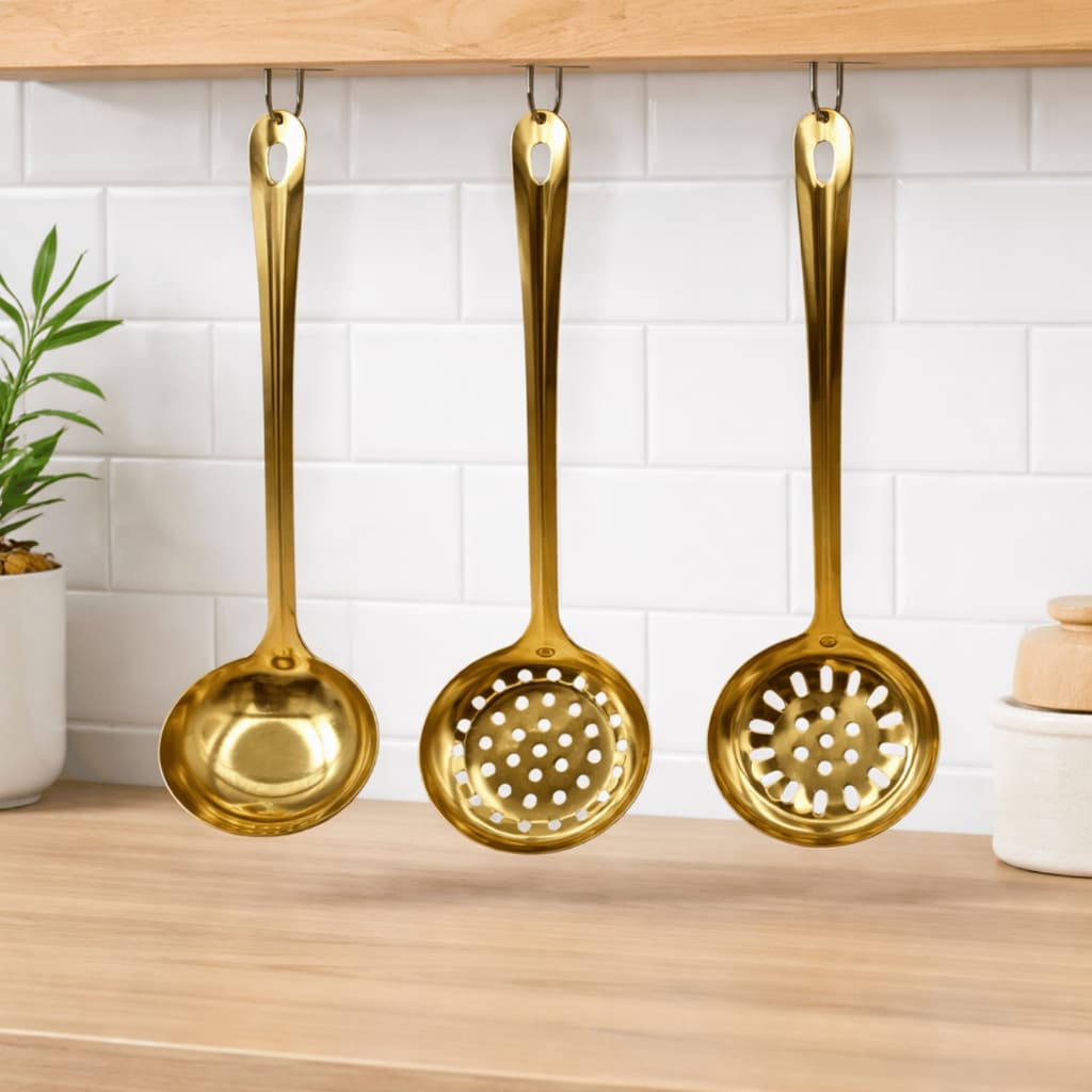 Kit 3 Utensílios Inox Dourado Concha, Escumadeira Perfurada e Vazada para Cozinha