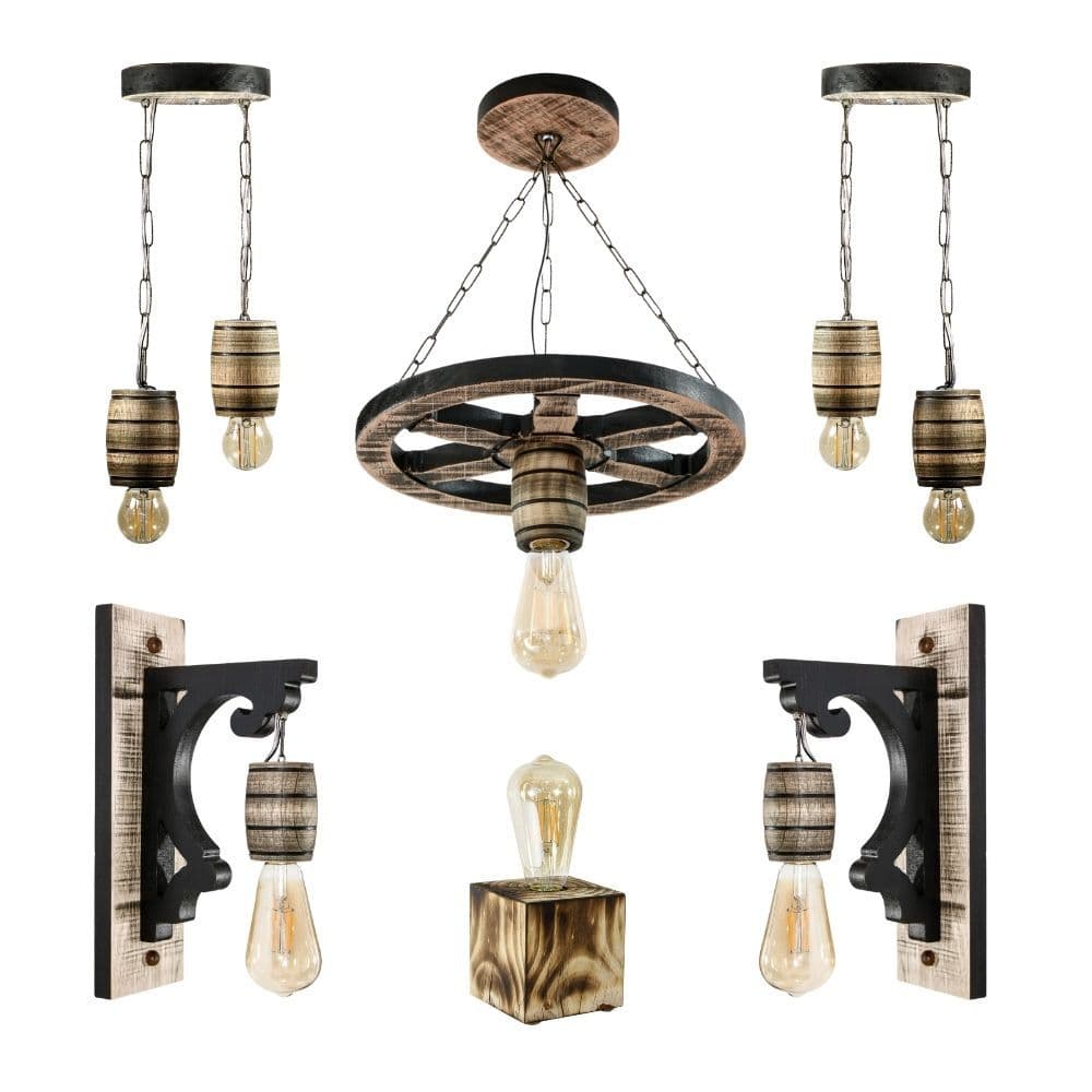 Kit 6 luminárias pendentes rústicas vintage com design retrô, madeira e metal, estilo vintage