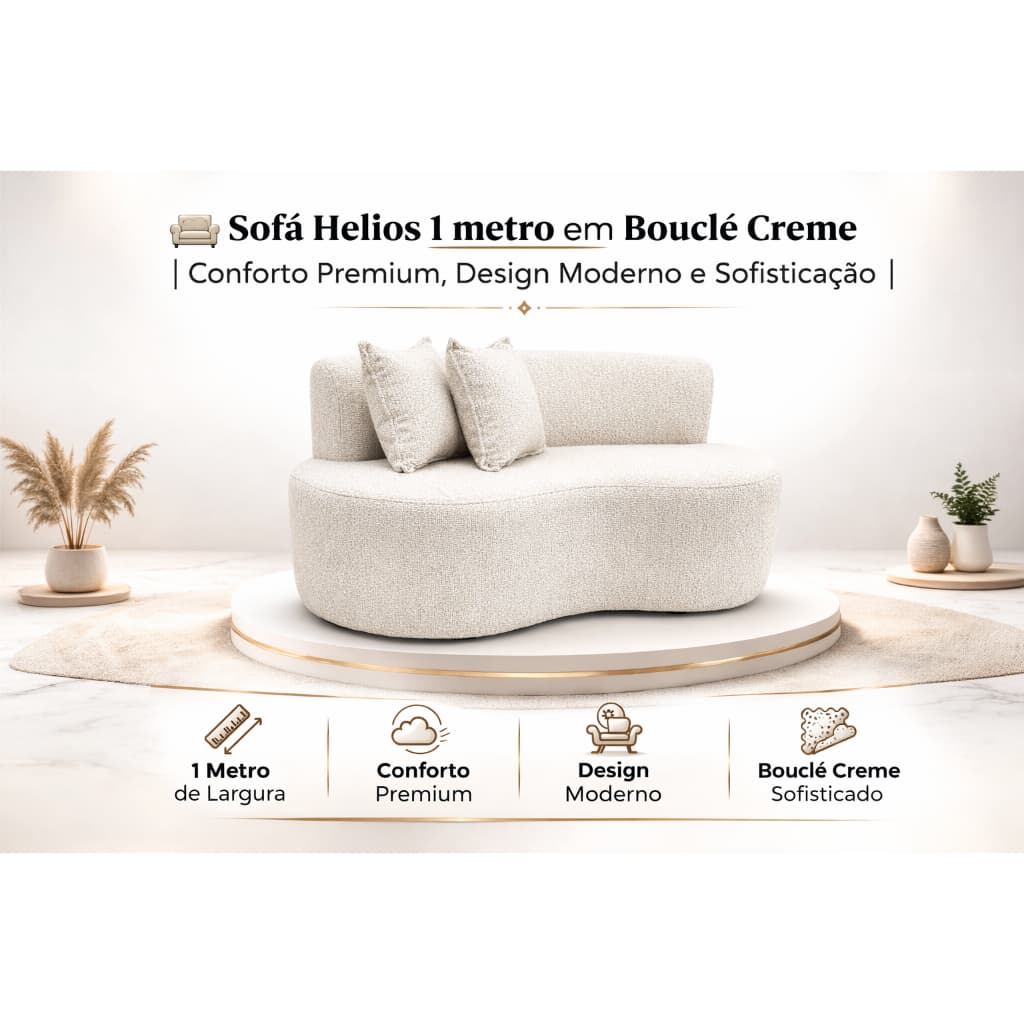 Sofá Helios 1 metro em Bouclé Creme, design curvo, confortável e moderno, ideal para sala, quarto e escritório.