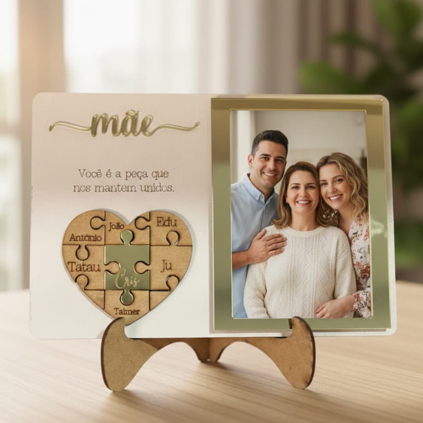 Porta retrato personalizado para o dia das mães com foto de família e peças de quebra-cabeça