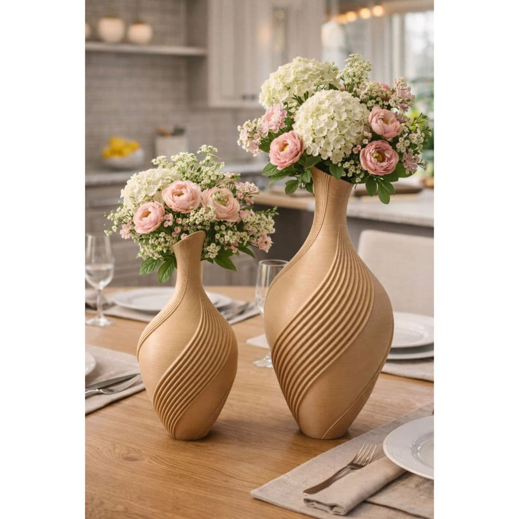 Dois vasos decorativos bege com padrão de ondas e flores rosas e brancas sobre mesa de jantar.