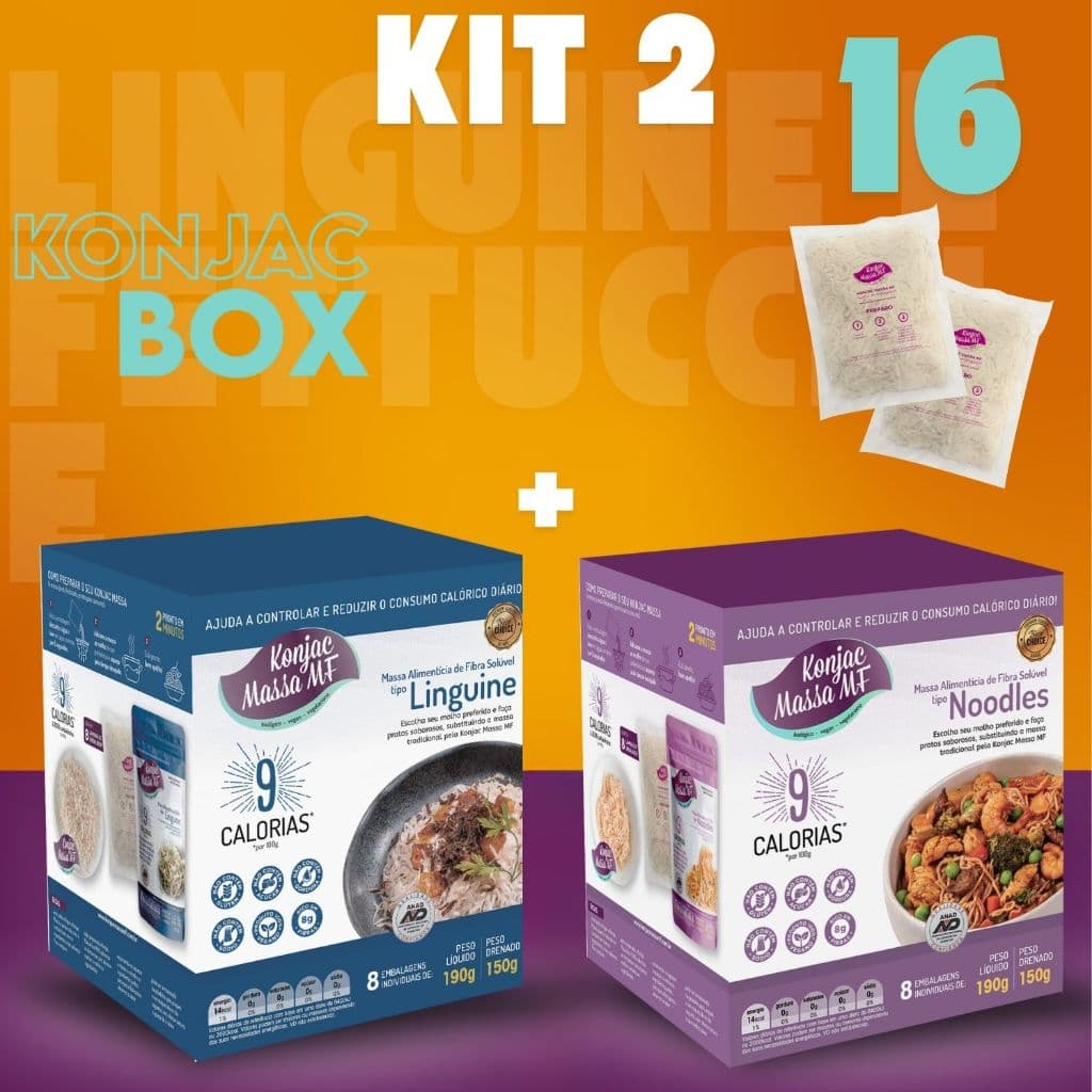 Kit 2 Box Konjac Massa Tipo Macarrão Linguine e Noodles Sem Glúten Zero Carb Rende 16 Refeições