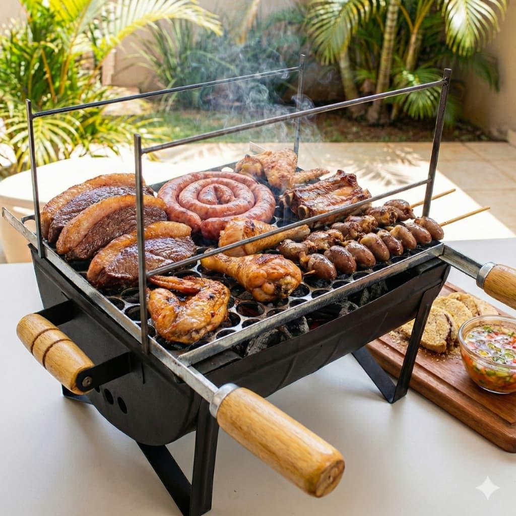 Churrasqueira a Carvão de Mesa Portátil com Grelha em Aço Carbono e Carnes Grelhadas