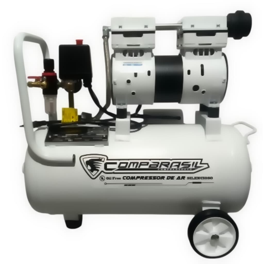 Compressor de ar Compbrasil modelo 750-25L, 220V, silencioso e isento de óleo, branco e preto, contra fundo branco.