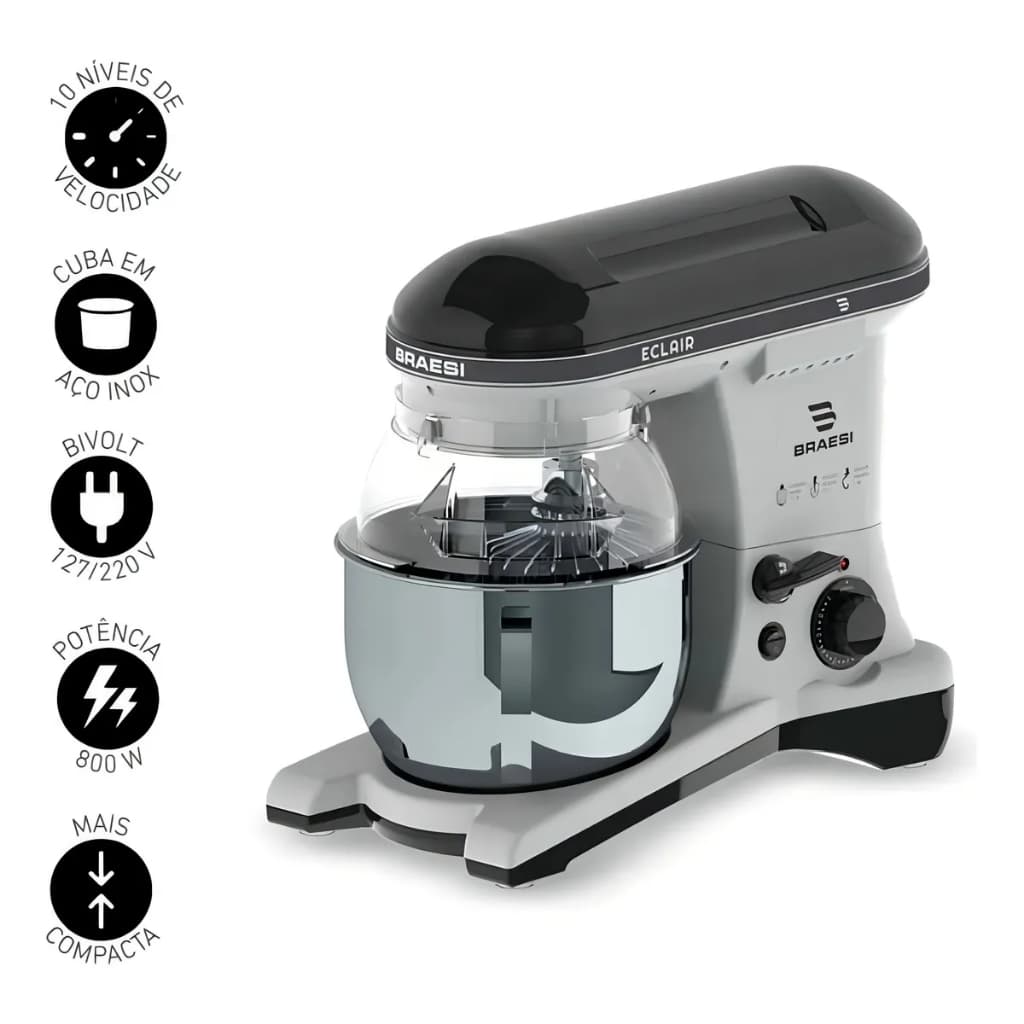Batedeira Planetária Industrial Braesi Eclair BP-500 5L 800W Inox Preta Bivolt Profissional Confeitaria e Massas