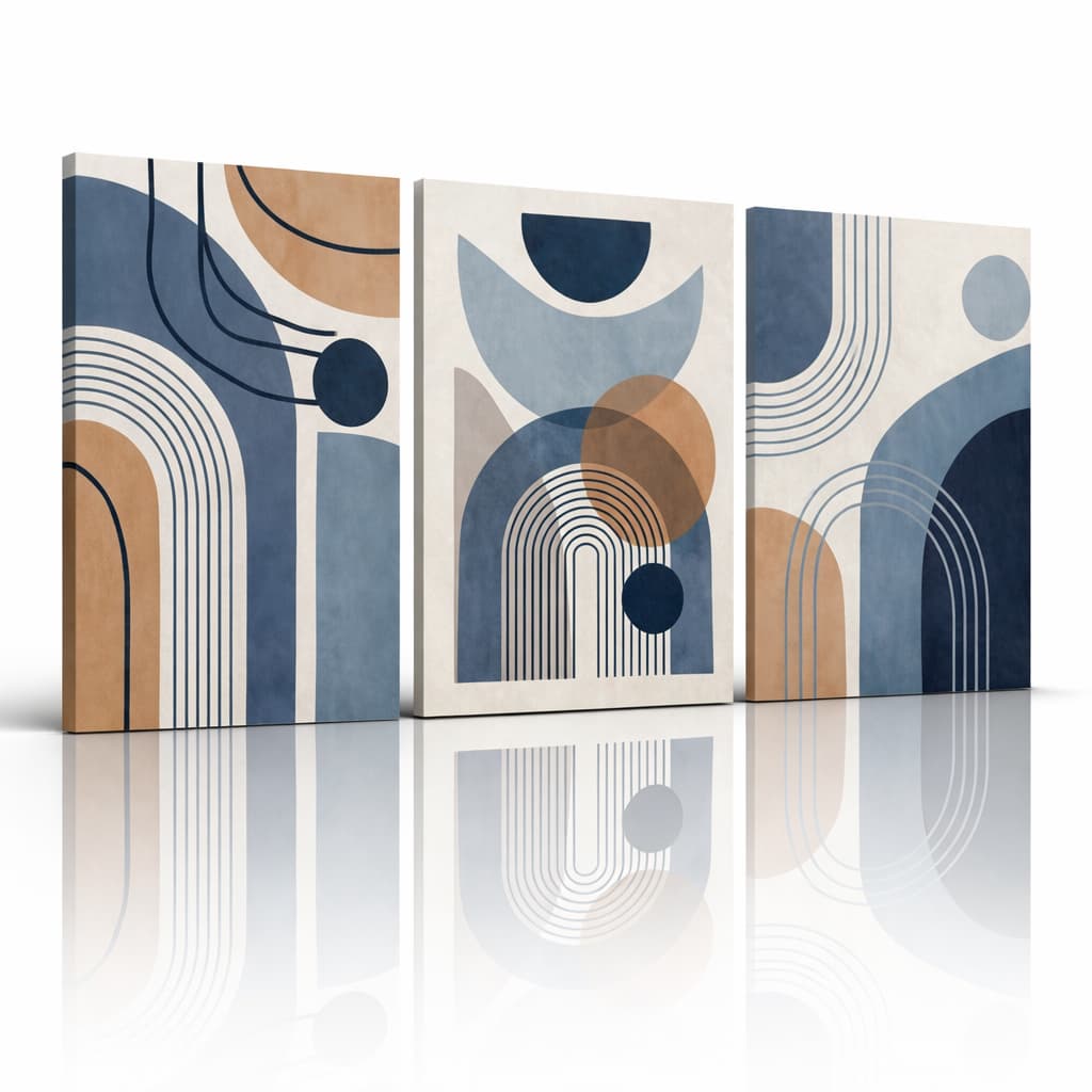 Kit 3 Quadros Decorativos Geométricos Modernos Azul e Bege Arte Minimalista Estilo Escandinavo