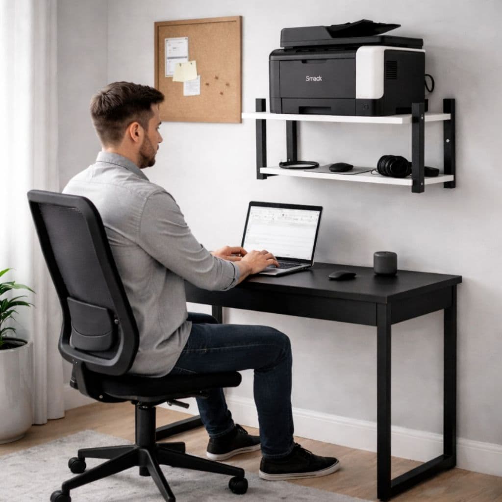 Homem usando laptop em mesa de escritório com suporte para impressora