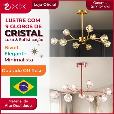 Luminária pendente 9 globos cristal dourado rosé XLX, luxo sofisticação, material alta qualidade
