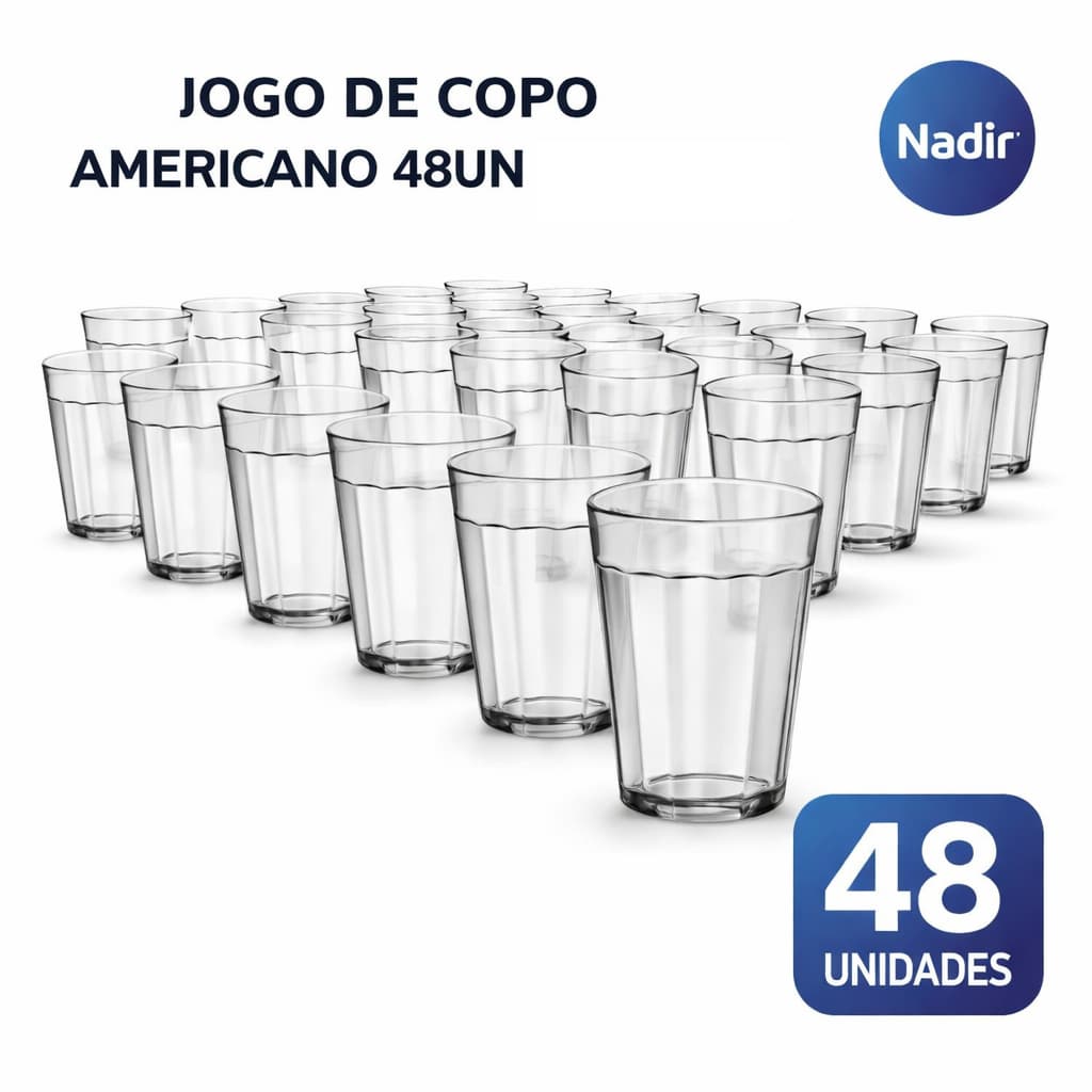 Kit com 48 copos americanos transparentes de 190ml da marca Nadir