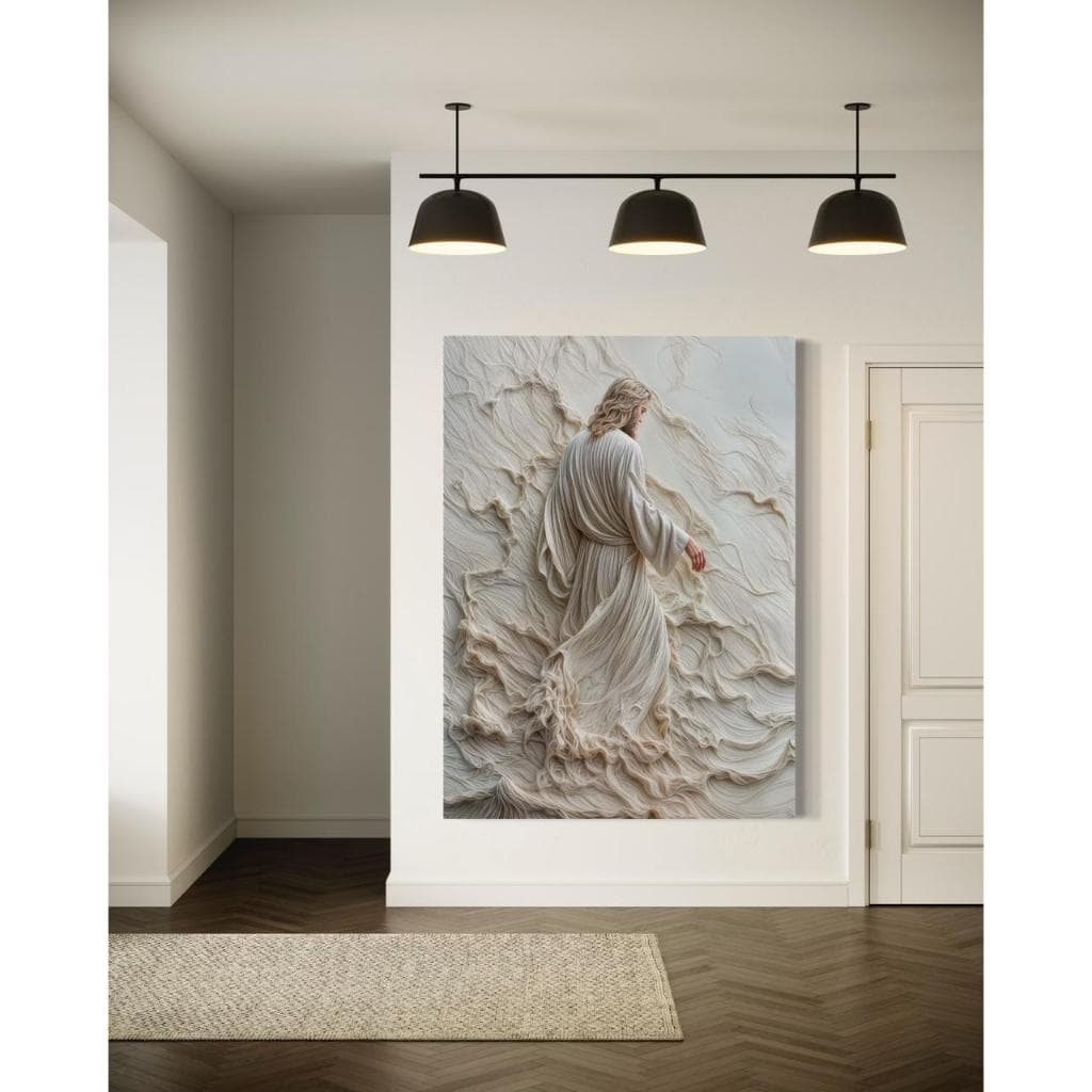 Quadro decorativo religioso Jesus Maria em relevo branco e cinza 90x60cm canvas