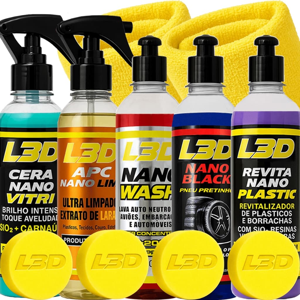 Kit lavagem automotiva com cera nano, shampoo e lavagem. Produtos em cores vibrantes.