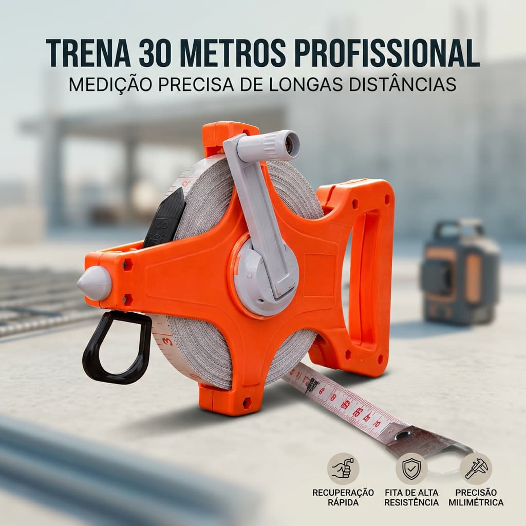 Fita métrica de 30 metros de fibra de vidro com manivela longa, ideal para obras e agrimensura