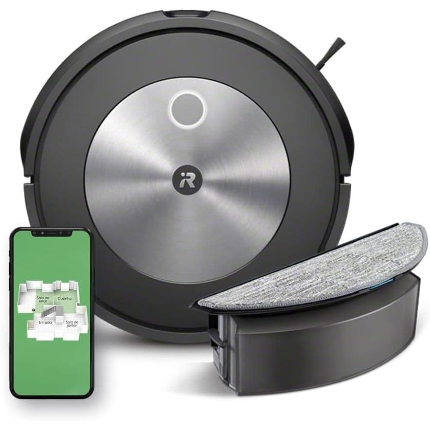 Aspirador robô Irobot Roomba Combo J5 em grafite com compartimento de mop aberto e smartphone com interface de mapeamento