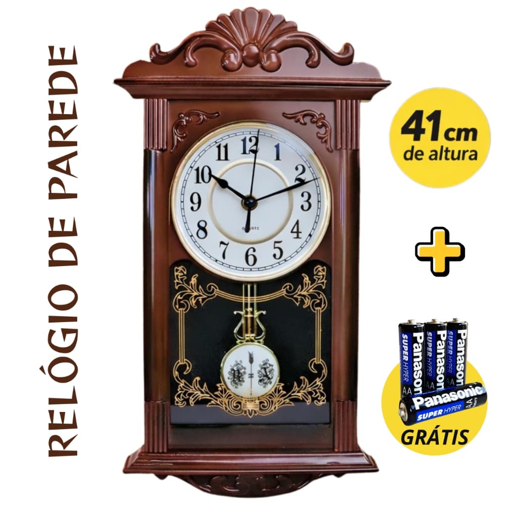 Relógio de parede vintage com pendulo, altura de 41 cm, com baterias Panasonic Super Hybrid LR6 AA incluídas