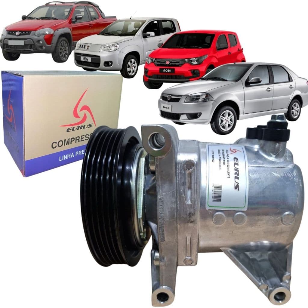 Compressor de Ar Condicionado EURUS para Chevrolet Onix, Cobalt e Prisma com caixa e carros em fundo branco