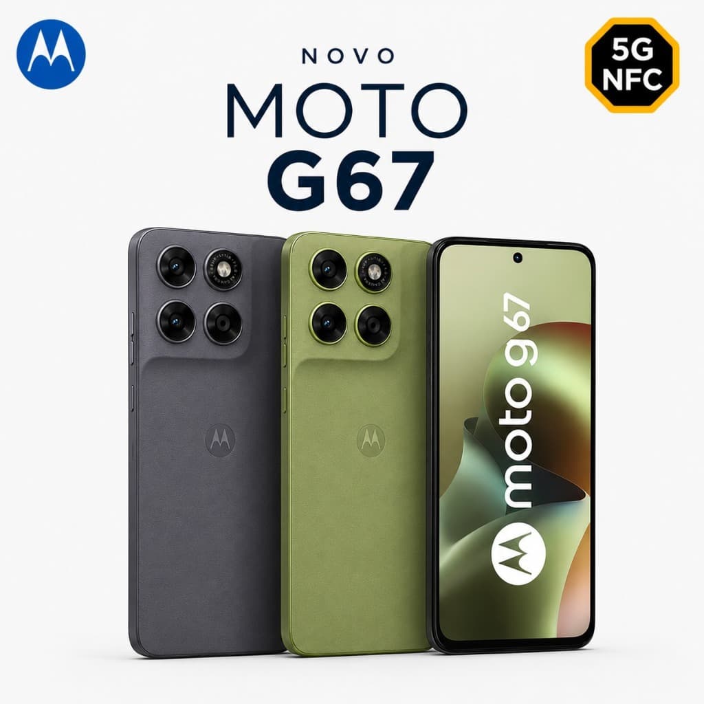 Imagem do smartphone Moto G67 5G em três cores: cinza, verde e preto com câmera traseira de quatro lentes.