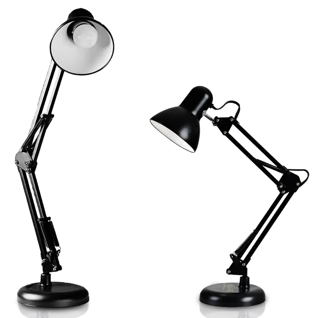 Luminária de mesa articulável preto e prata, design dobrável, ideal para escritório e cabeceira
