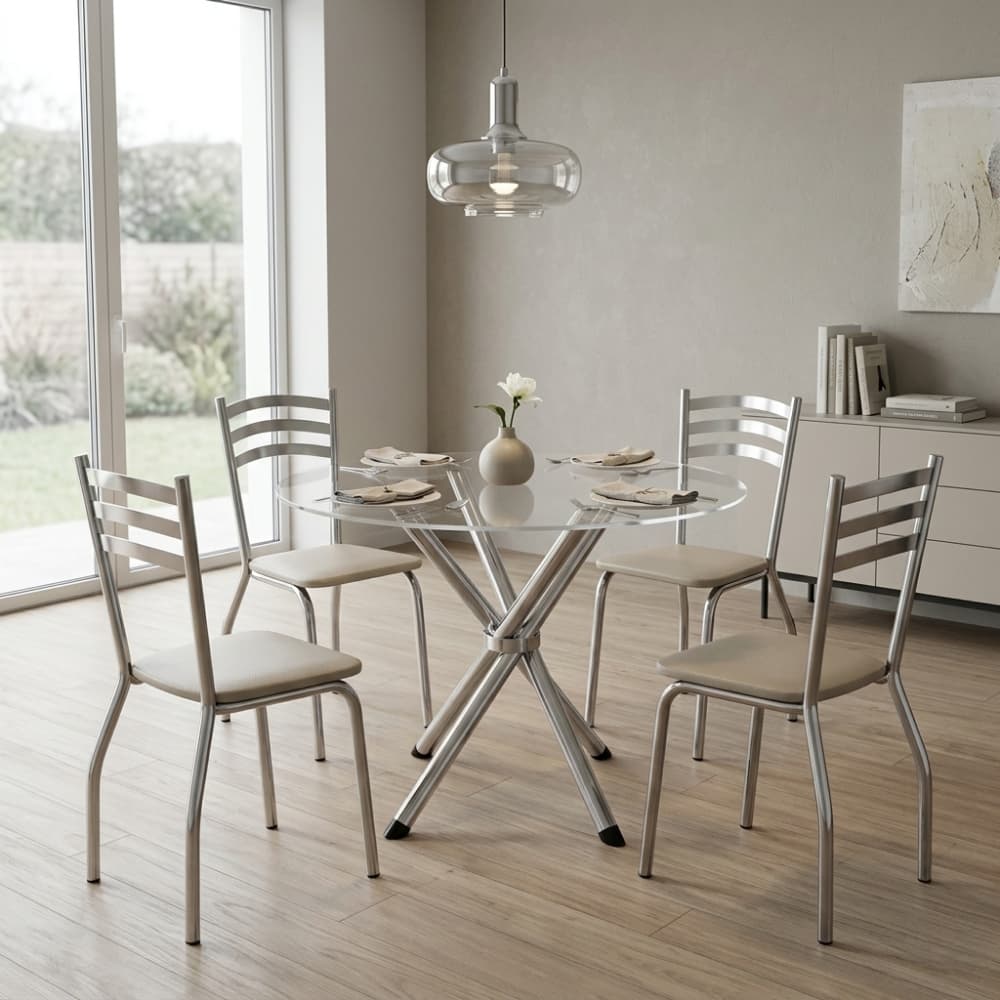 Conjunto de sala de jantar com mesa redonda de vidro e cadeiras de metal estofadas