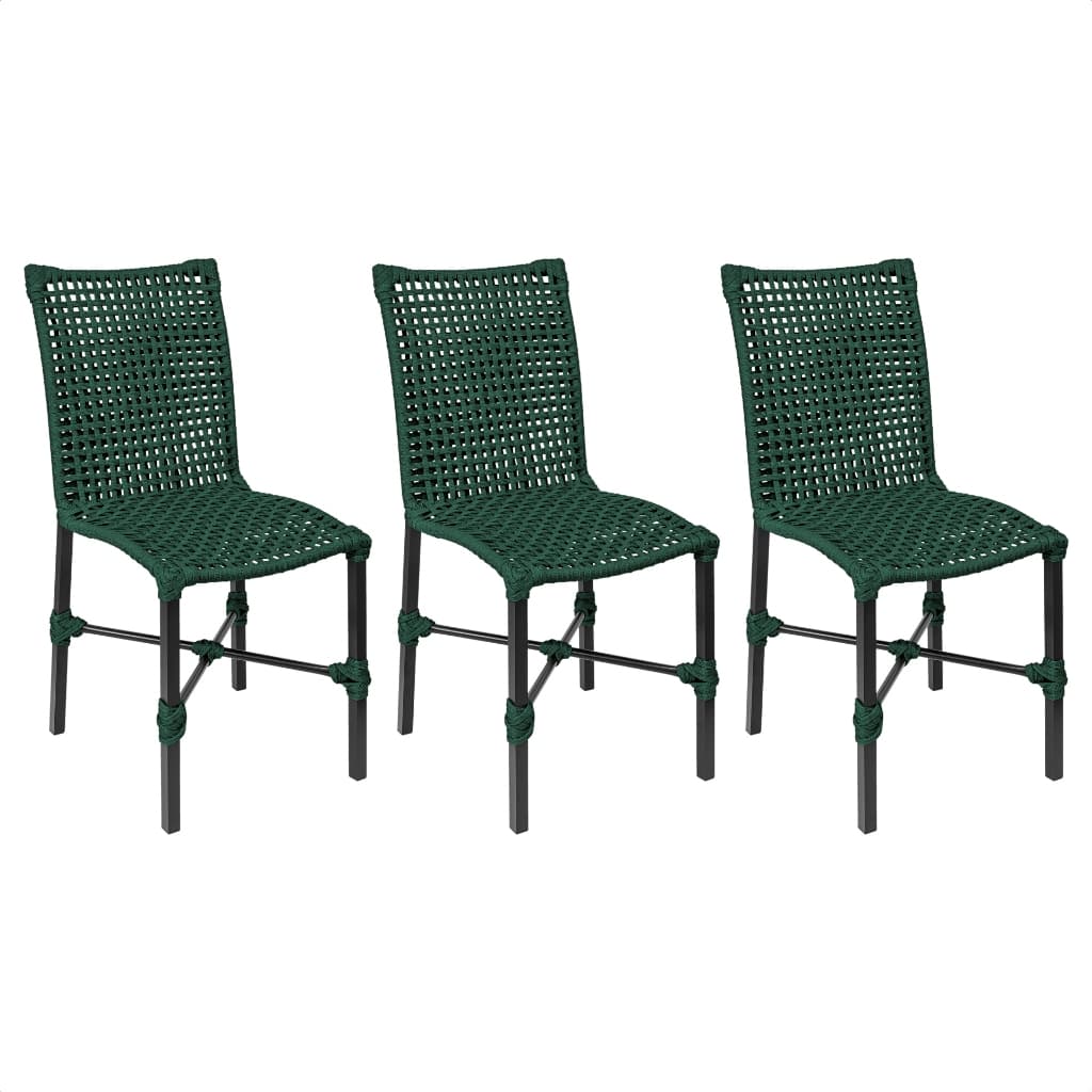 Três cadeiras verdes de alumínio com tricô náutico para jardim