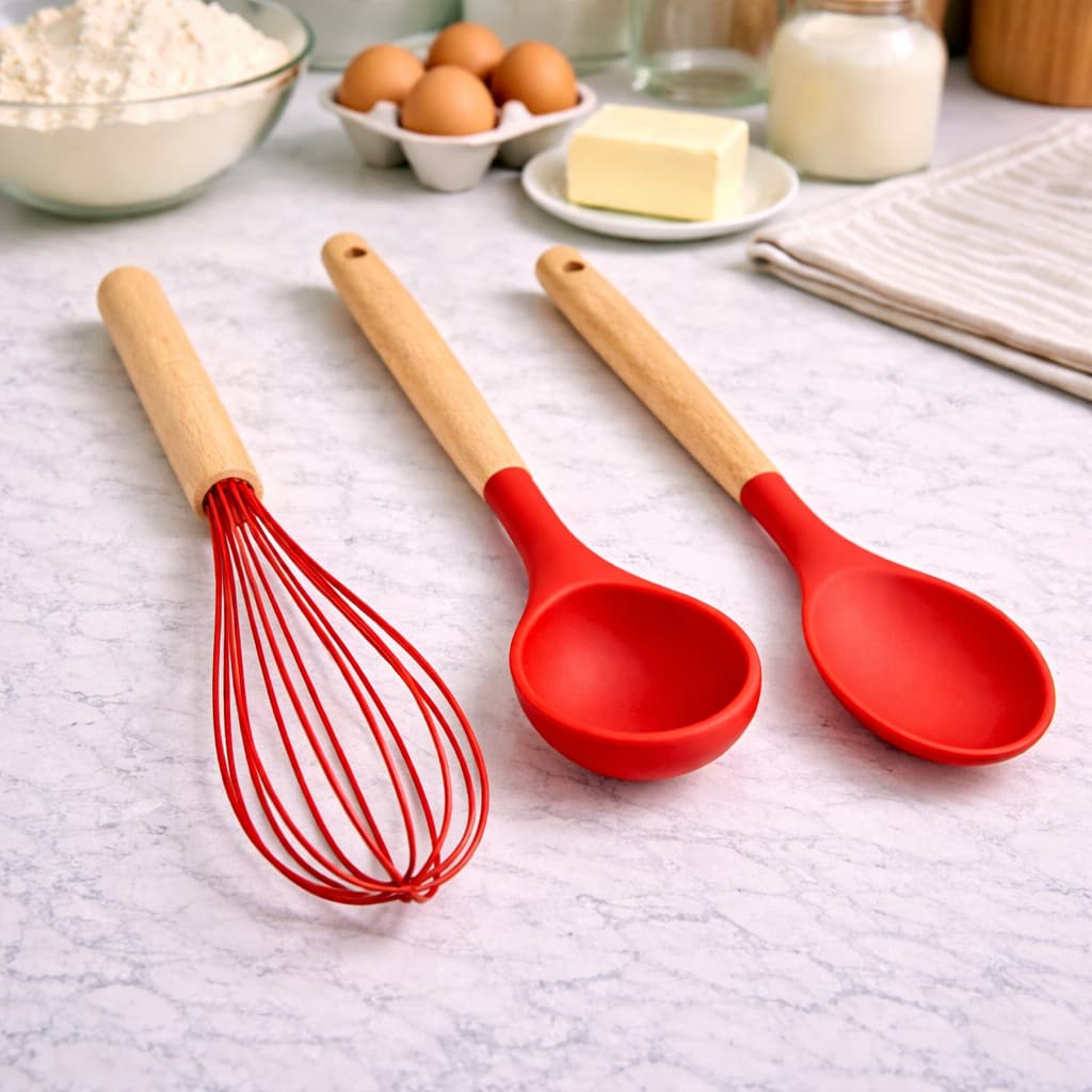 Kit de utensílios de cozinha com batedor de claras, colher e concha em silicone vermelho com cabos de madeira