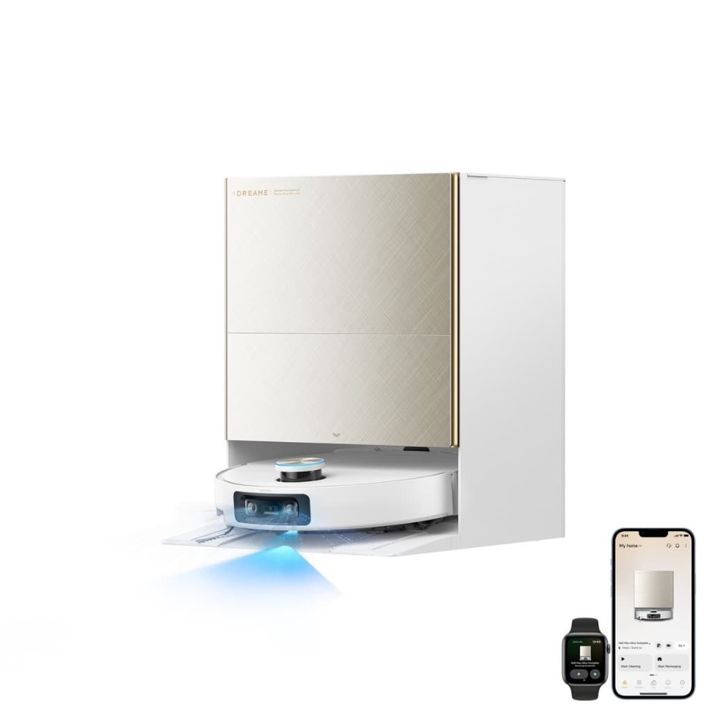 Robô aspirador DREAME X60 Max Ultra em fundo branco com interface de aplicativo.