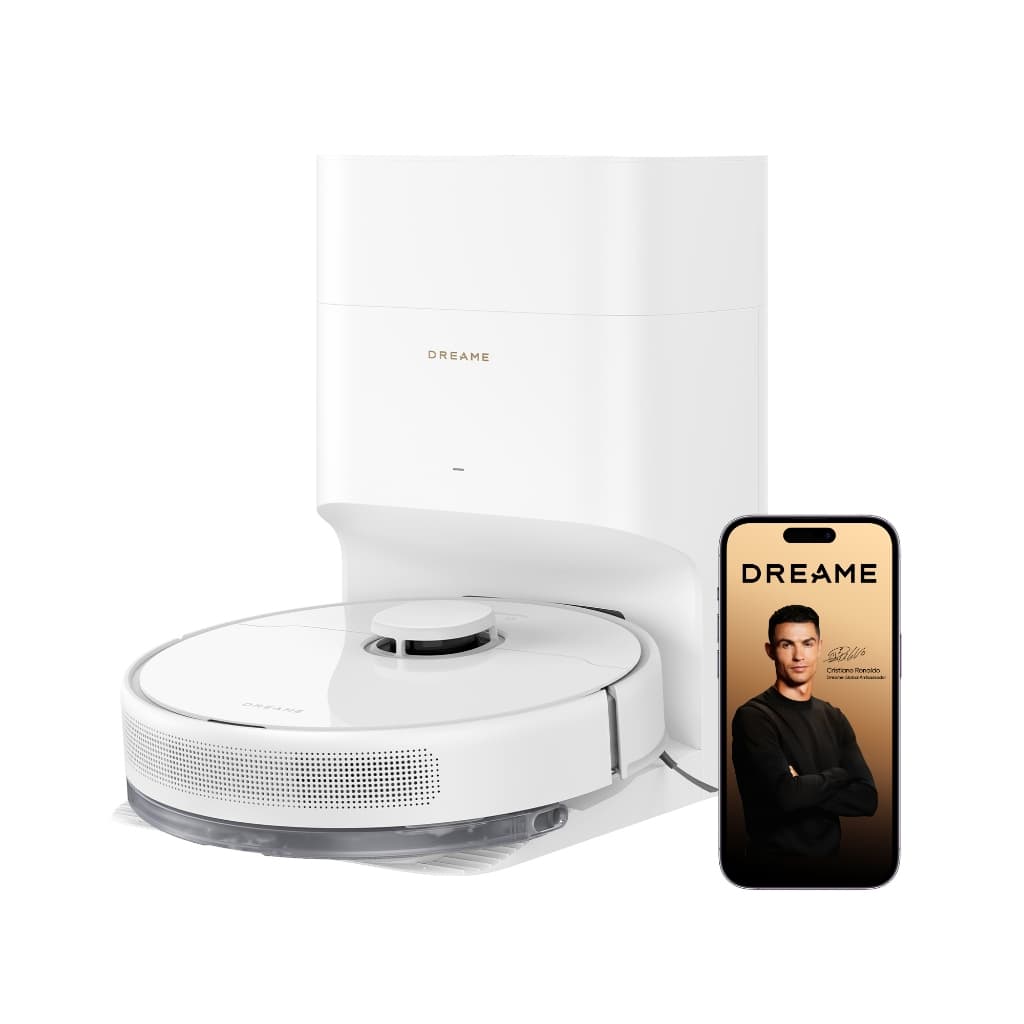 Robô aspirador DREAME D15 Plus branco com compartimento autoesvaziante e smartphone com marca DREAME