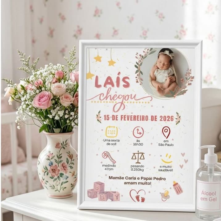 Quadro Bebê, Porta Maternidade, Porta-Retrato Decorativo Personalizado Presente infantil, nascimento de bebê, tamanho A4