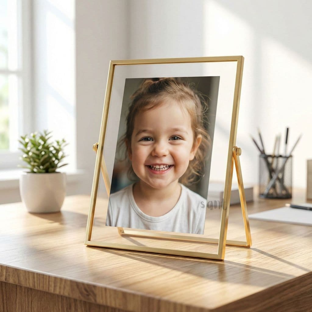 Porta-retrato Luxo Família Dourado 15x20 com foto de menina sorridente em fundo claro