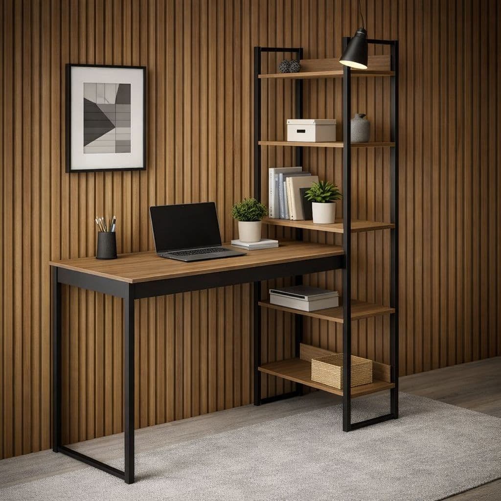 Mesa Escrivaninha com Estante Funcional de 5 Prateleiras para Escritório - Estilo Industrial