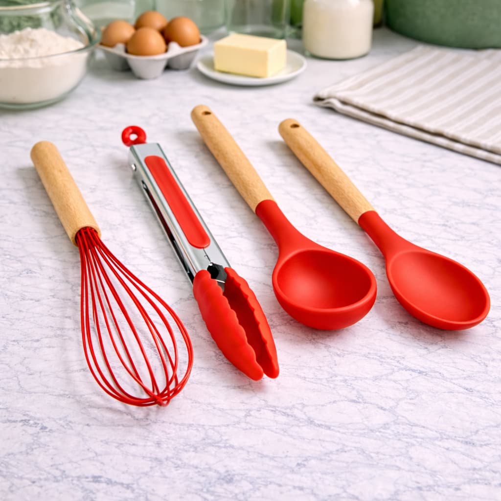 Kit de utensílios de cozinha com tigela, colher, concha e pinça vermelhas