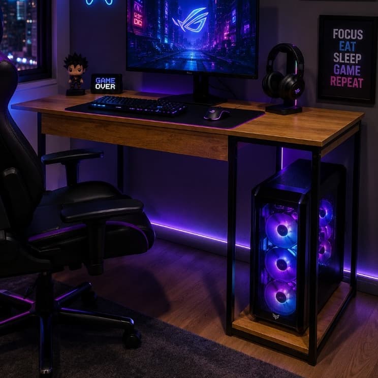 Mesa gamer com iluminação RGB, teclado e mouse, suporte para CPU e prateleira lateral