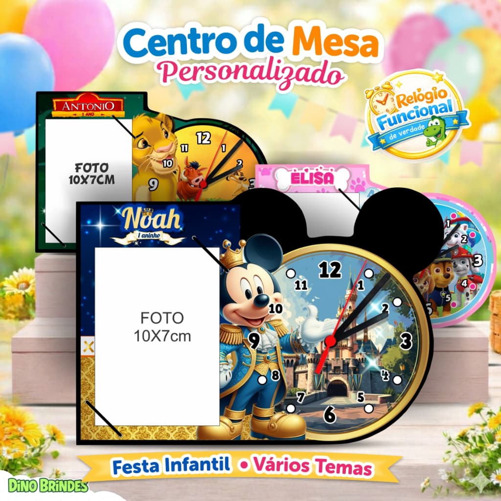 Centro de mesa personalizado com relógio Mickey Realeza, Rei Leão, Raio de Sol e Patrulha Canina