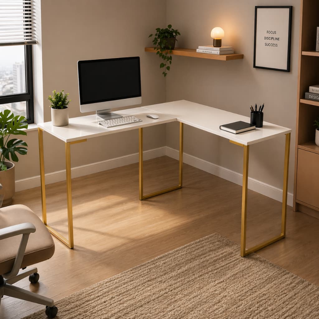 Mesa de escritório em forma de L branca com estrutura em metal dourado para home office