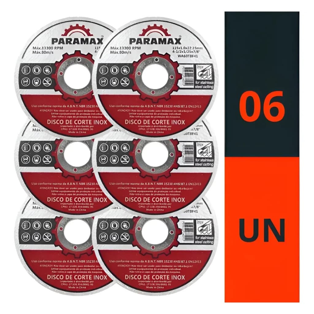 Kit 6 Discos de Corte Paramax Profissional para Metal, Aço Inox, Alumínio e Ferro