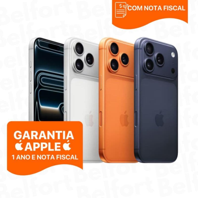 iPhone 17 Pro e Pro Max em cores azul, laranja, branco e preto com garantia Apple