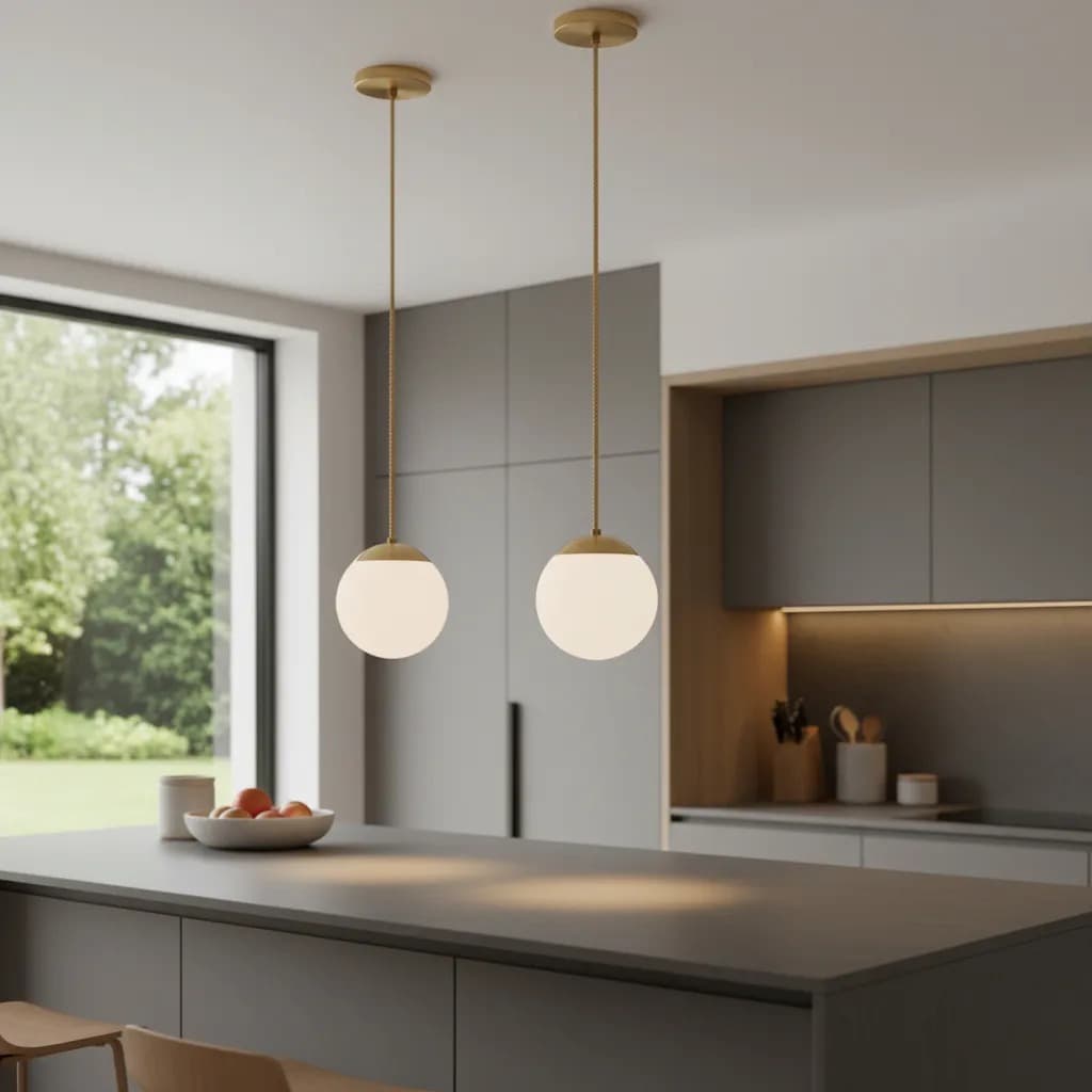 Kit de 2 pendentes de luz esféricos LED branco quente em uma cozinha moderna