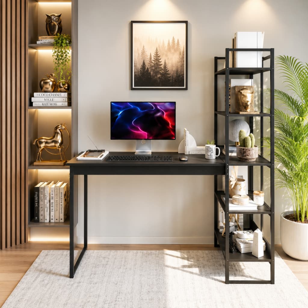 Escrivaninha Athenas Preta com Estante Integrada Mesa para Computador Home Office Escritório Estilo Industrial Compacta