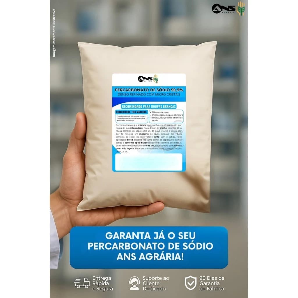 Saco de Percarbonato de Sódio 99,9% recomendado para roupas brancas, saco bege com etiqueta azul