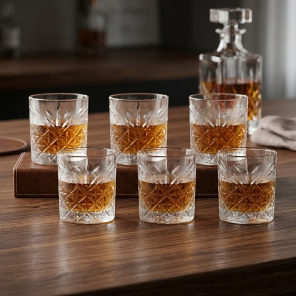 Jogo de copos de vidro para whisky com decorações geométricas, seis copos em uma superfície de madeira
