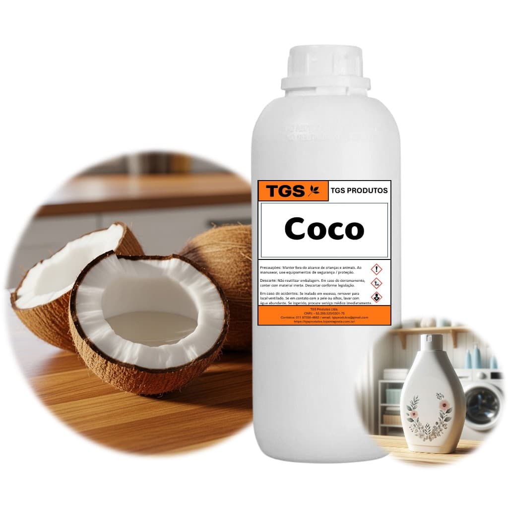 Frasco de essência de coco para sabão, etiqueta com texto 'TGS' e 'Coco', cocos abertos no fundo