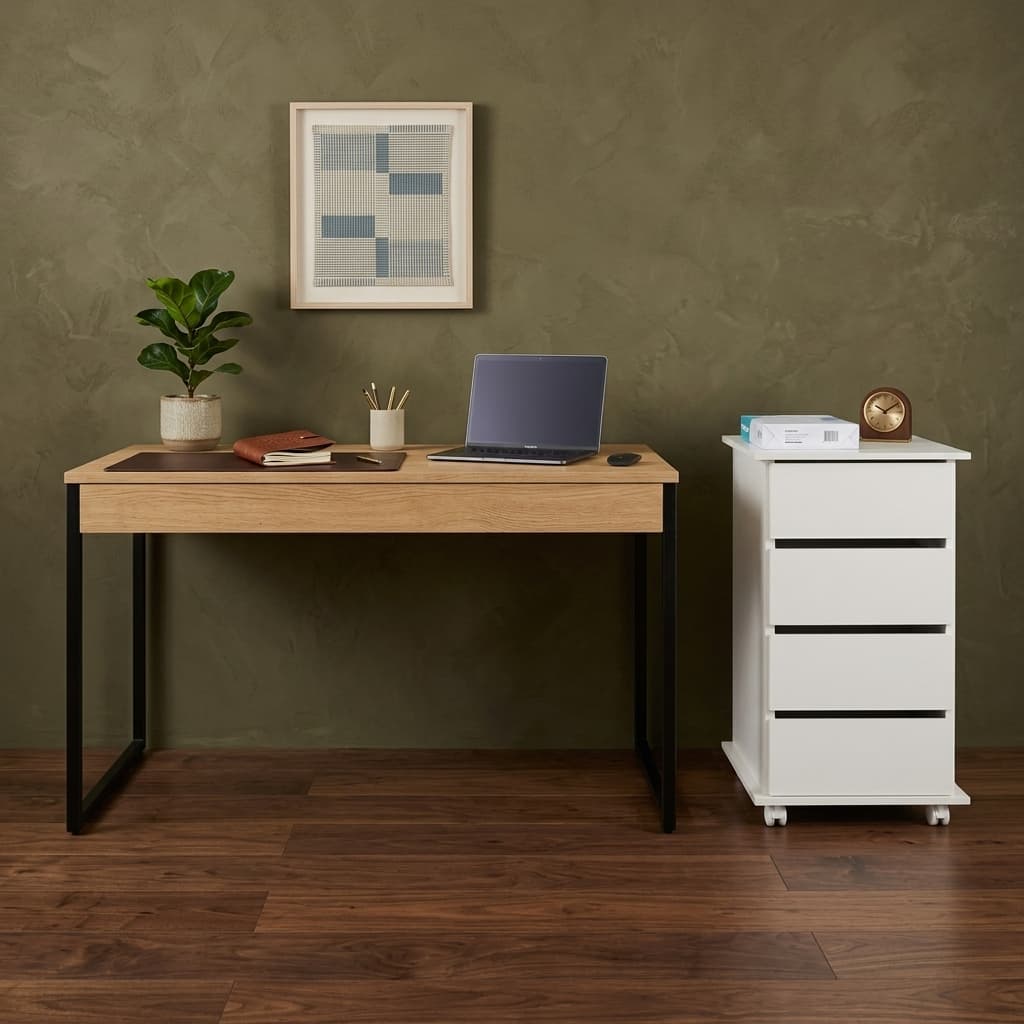 QUEIMA DE ESTOQUE - Conjunto Mesa Escrivaninha  Industrial + Gaveteiro  Funcional com 4 Gavetas e Rodízios