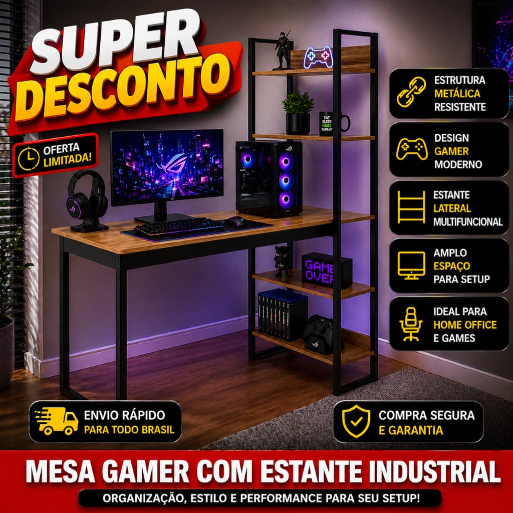 Escrivaninha gamer com estante industrial, teclado e monitor RGB, oferta limitada