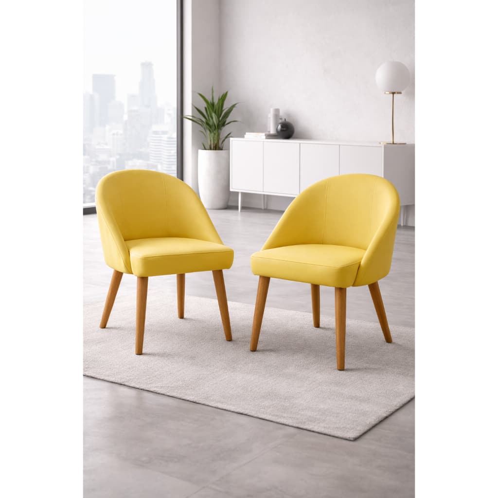 Duas poltronas amarelas modernas com pernas de madeira em um ambiente minimalista