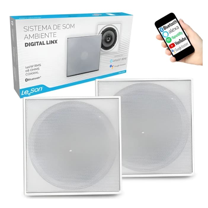 Kit de arandelas embutidas em gesso Leson 70w branco com caixa azul e ícones de aplicativos