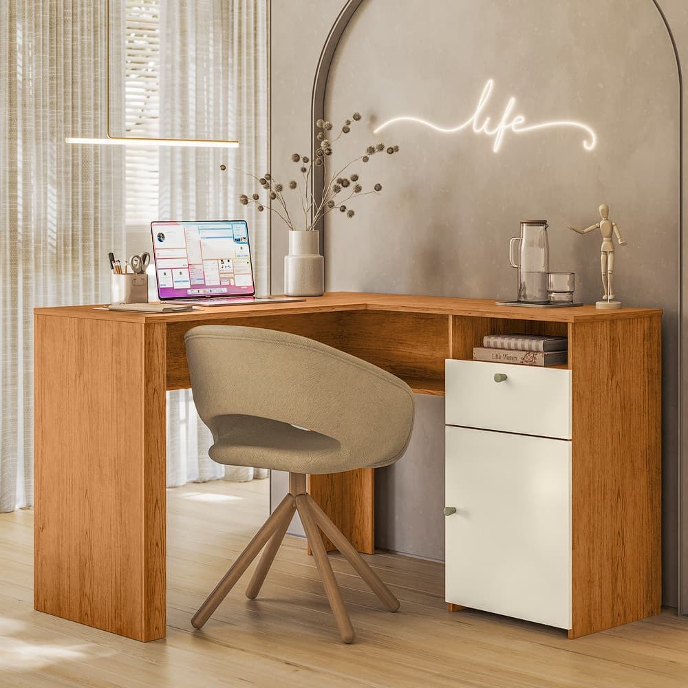 Escrivaninha em L com gaveta e armário, mesa de canto para home office, cor marrom e branco, estilo moderno.