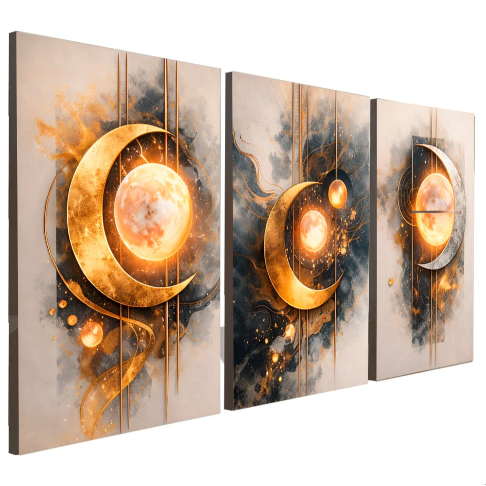 Quadros decorativos abstratos com lua dourada, conjunto de 3 peças para sala ou quarto